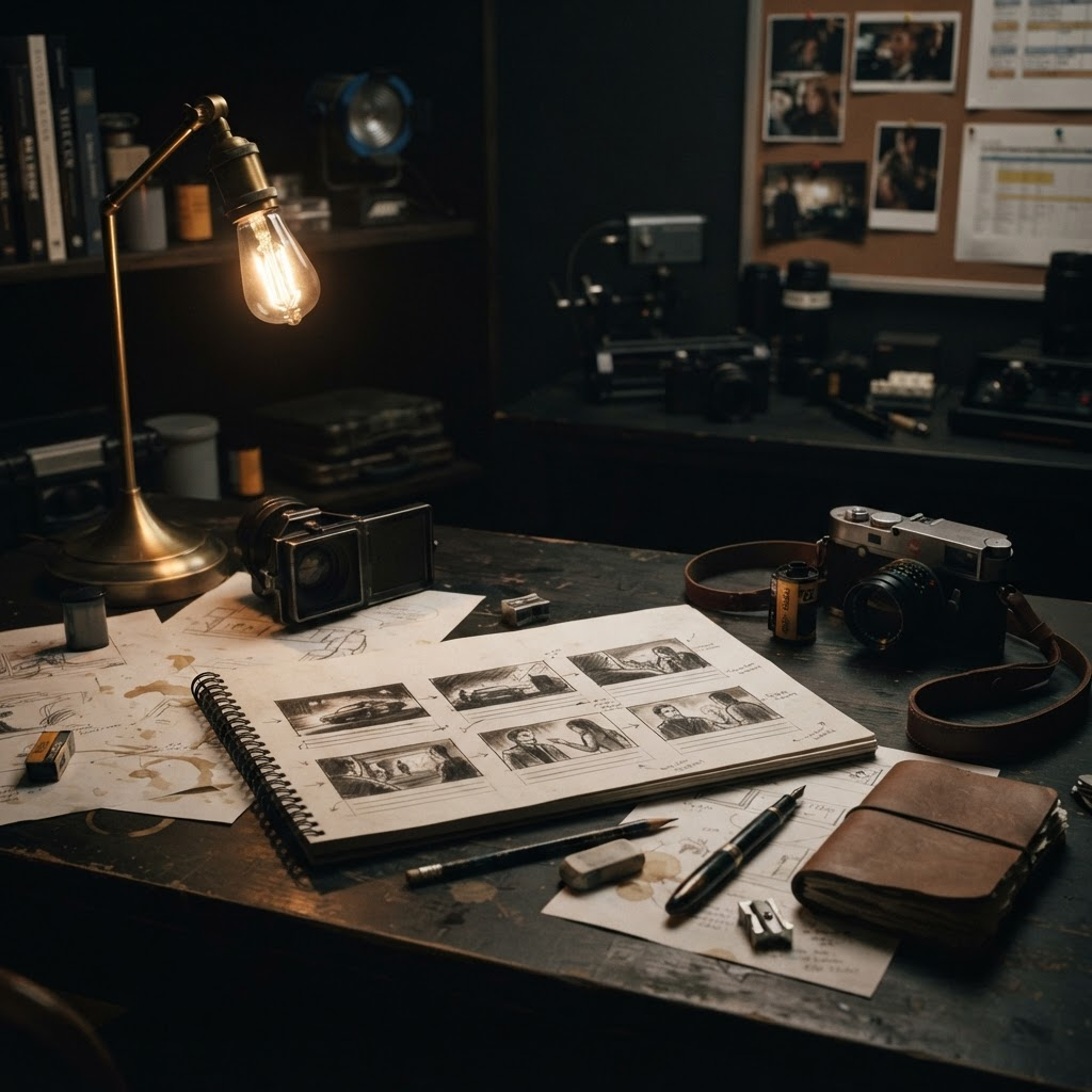 A moody creative production desk with storyboard frames under warm task light